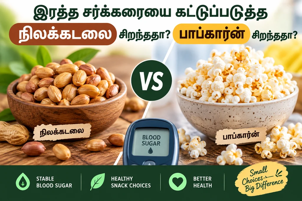 இரத்த சர்க்கரையை கட்டுப்படுத்த நிலக்கடலை சிறந்ததா? பாப்கார்ன் சிறந்ததா? Peanuts vs Popcorn for Blood Sugar Control: Which Snack Is Better for Managing Blood Glucose?
